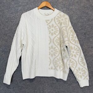 Desigual Casablanca Sweater Womens XL Cable Knit 2 Tone Nordic Cream White